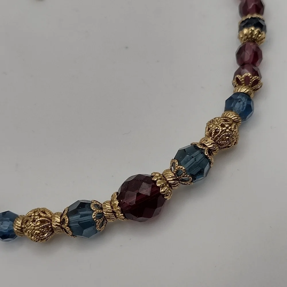 Vintage Style Glass Beaded Necklace Purple Blue and Gold - Picture 4 of 6